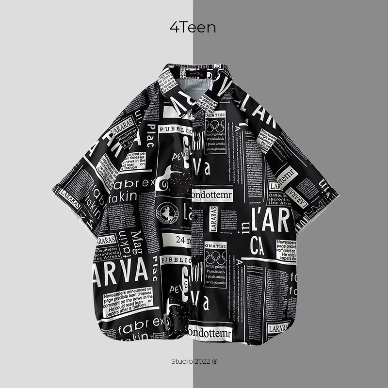 Áo sơ mi họa tiết tờ báo unisex 4Teen studio đi biển, thoáng mát, form rộng