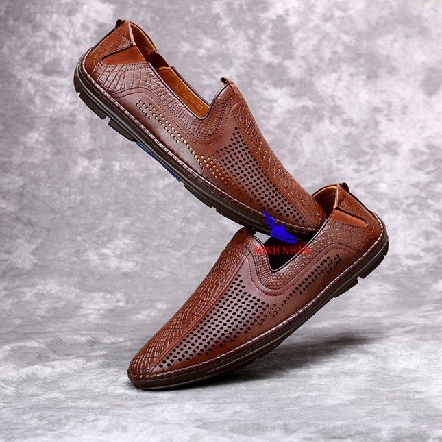 Giày rọ nam da bò cao cấp nguyên tấm Slipons đế khâu mùa hè đục lỗ thoáng khí Men’s Summer Shoes H-5 màu nâu