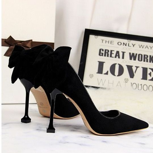 Giày Cao Gót 8Cm Da Lộn Mũi Nhọn Đính Nơ Màu Đen Phong Cách Quyến Rũ