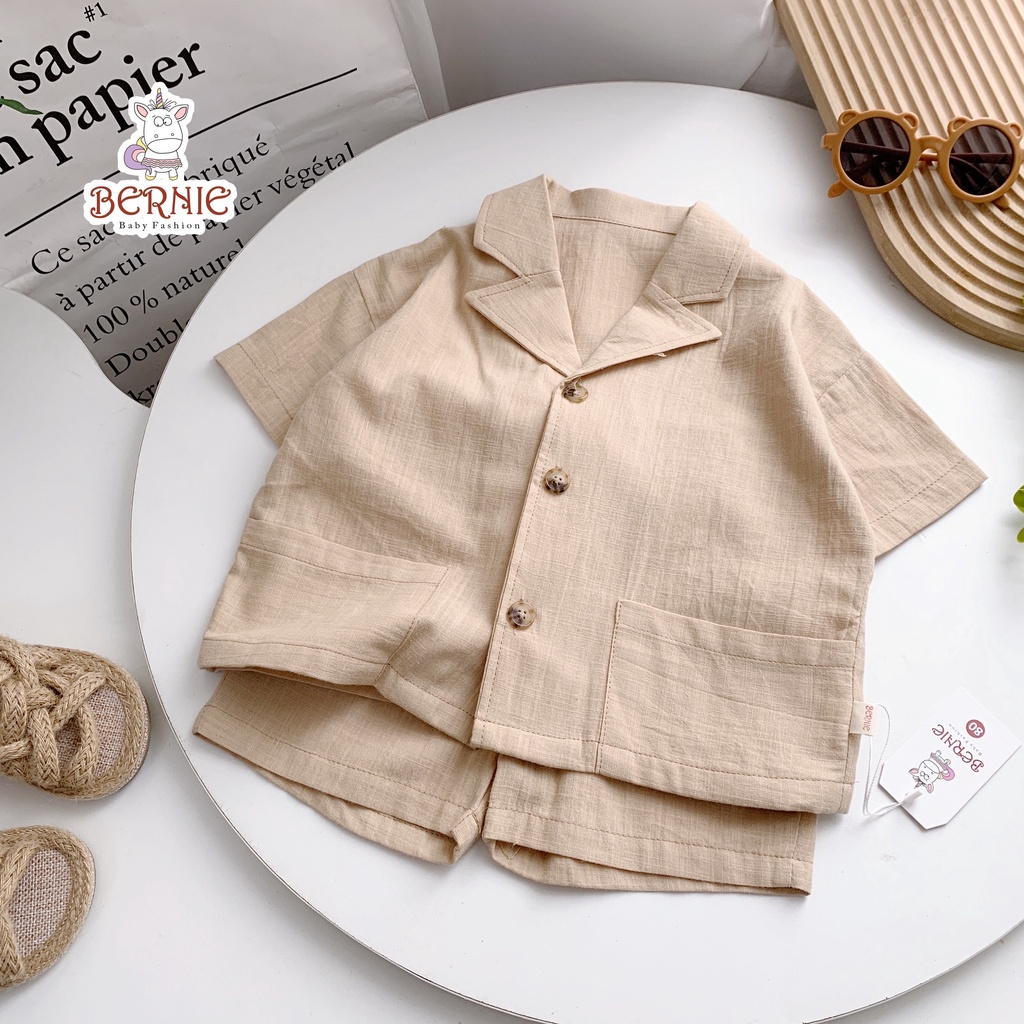 Bộ sơ mi vải đũi có cổ cho bé trai, set bộ cổ vest sành điệu cá tính