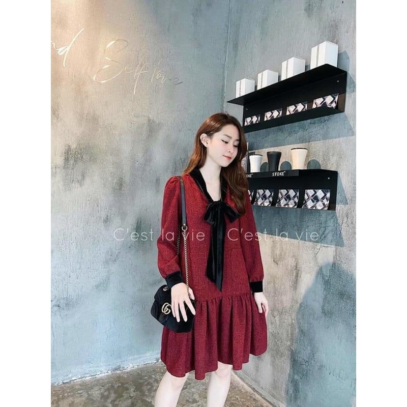 Váy dạ đỏ nơ đen dành cho nữ