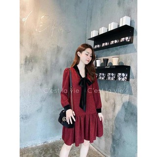 Váy dạ đỏ nơ đen dành cho nữ