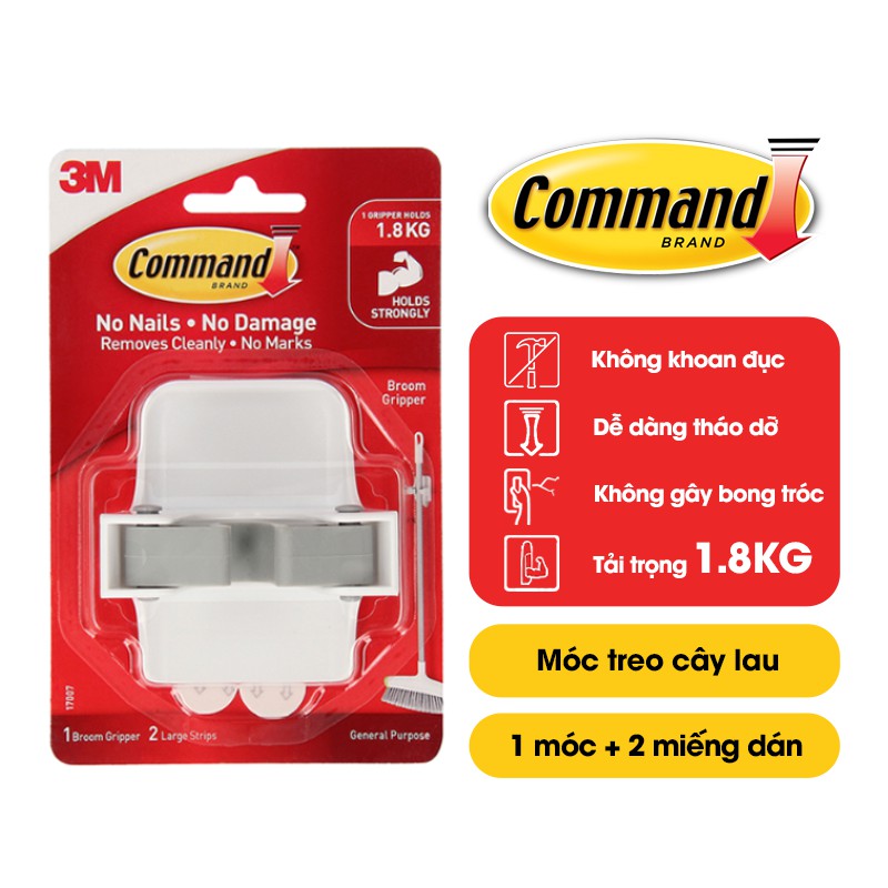 Móc dán tường treo chổi, cây lau nhà Command 3M chịu lực 1.8kg -tháo cực dễ 17007