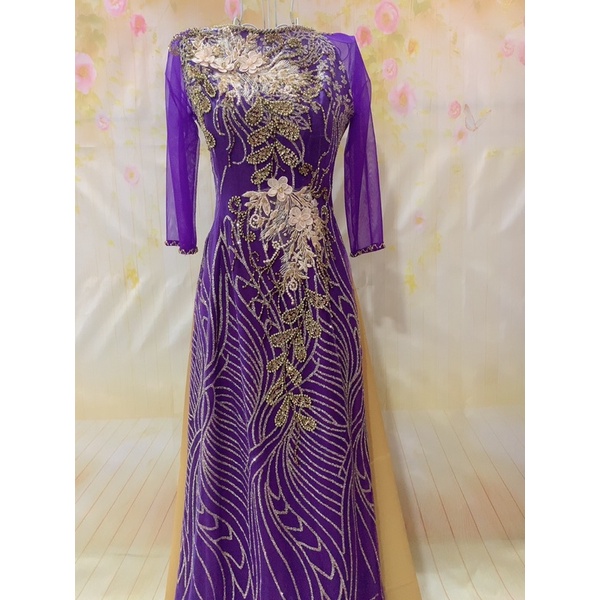 ÁO DÀI CHO MẸ 4 TÀ MÀU TÍM KIM TUYẾN  ẢNH THẬT