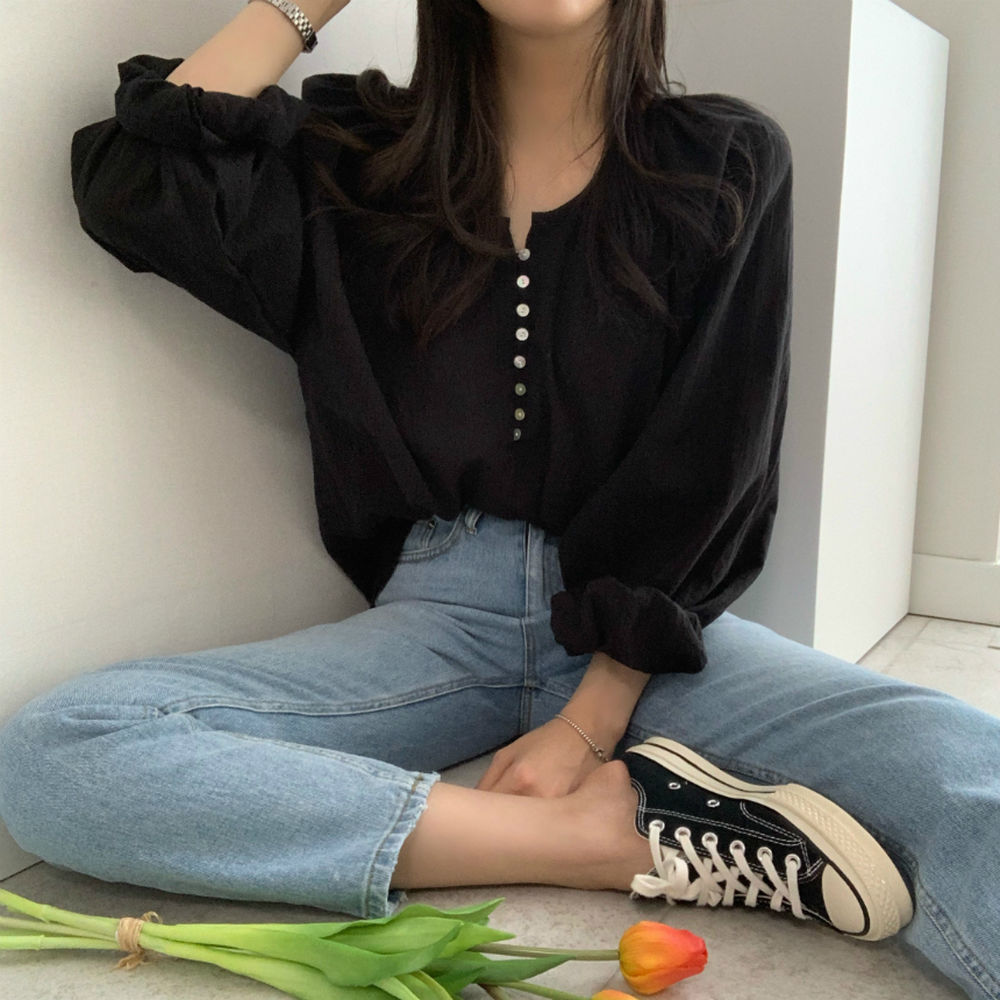 Áo Sơ Mi Nữ Tay Dài Dáng Rộng Phong Cách Retro Hàn Quốc Xinh Xắn