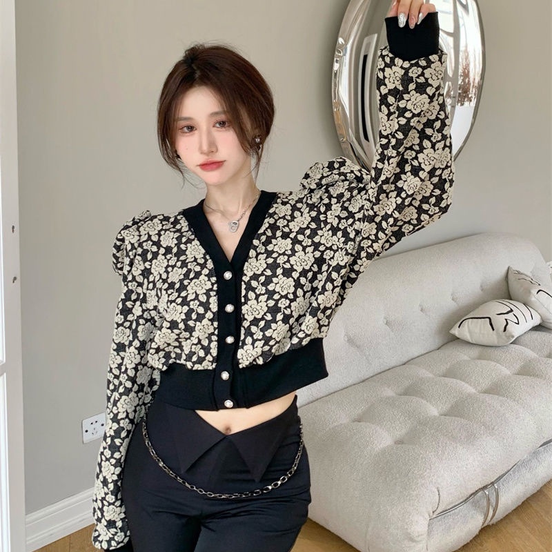 IELGY  Ielgy Áo Cổ Chữ V In Hình Hoa Hồng Tương Phản Kiểu Pháp Cổ Điển Cho Nữ