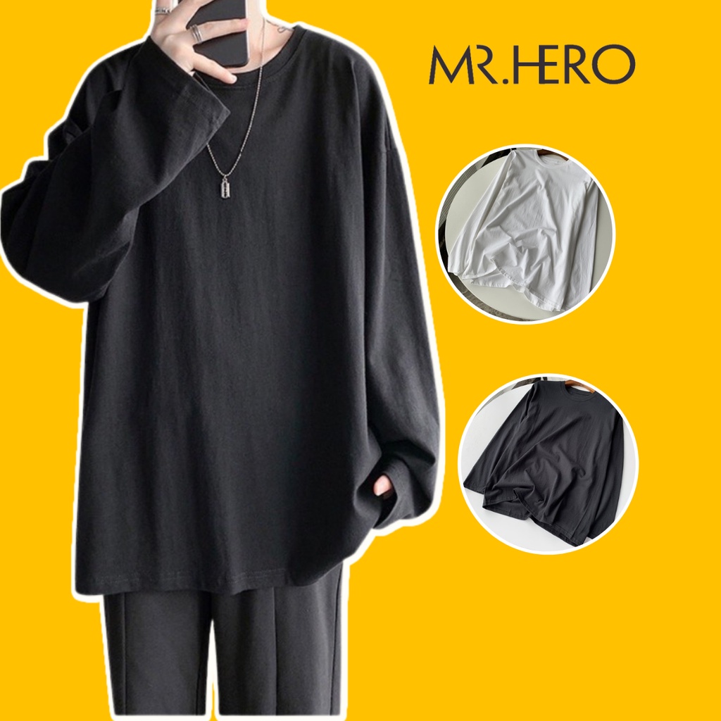 Áo nỉ thun dài tay unisex cổ tròn form rộng chất borip thoải mái khi mặc MrHero 2 màu đen trắng AN06 ,