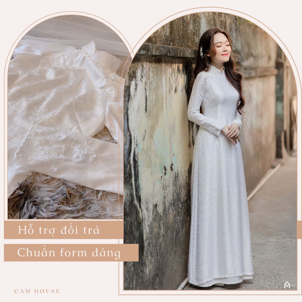 Áo dài  áo dài gấm đính ren nhẹ nhàng