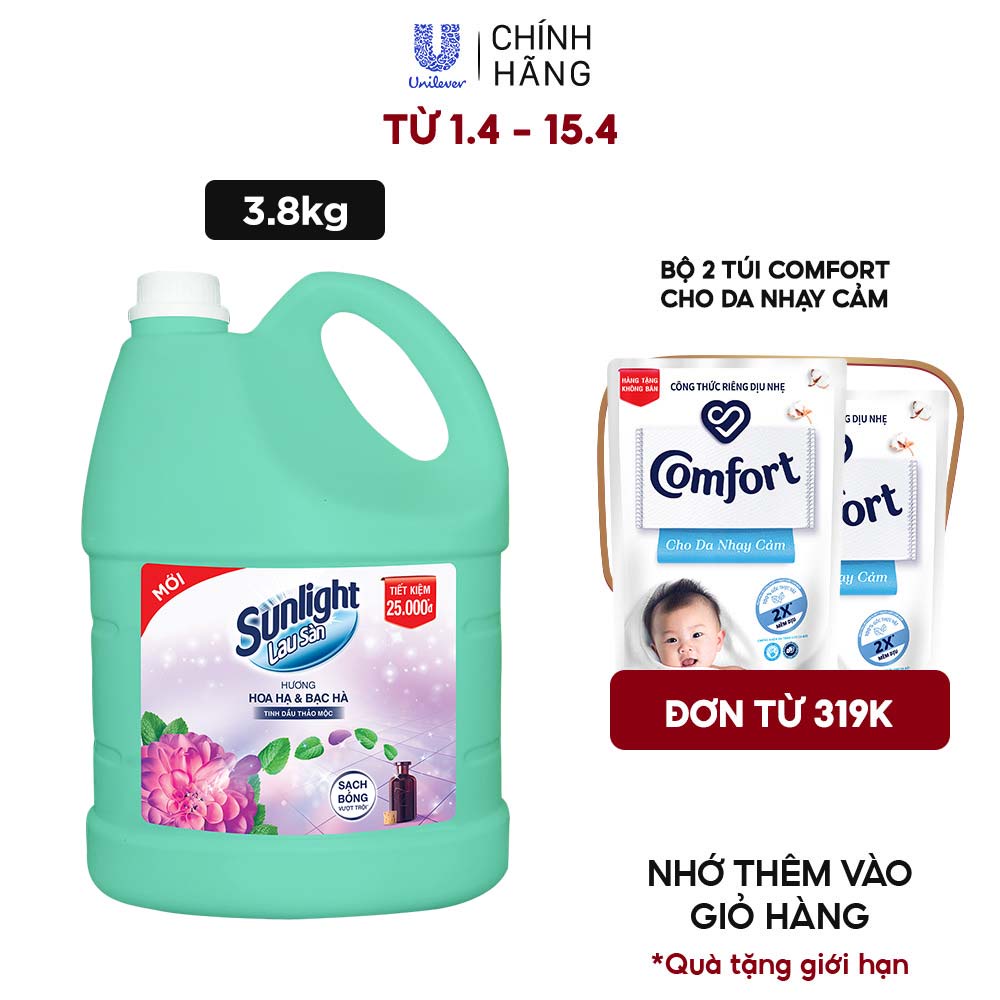 Nước Lau Sàn Sunlight Tinh Dầu Thảo Mộc Hương Hoa Hạ &amp; Bạc Hà 3,6 Kg - Sạch Thơm Thư Thái - Nhà Thêm Trong Lành