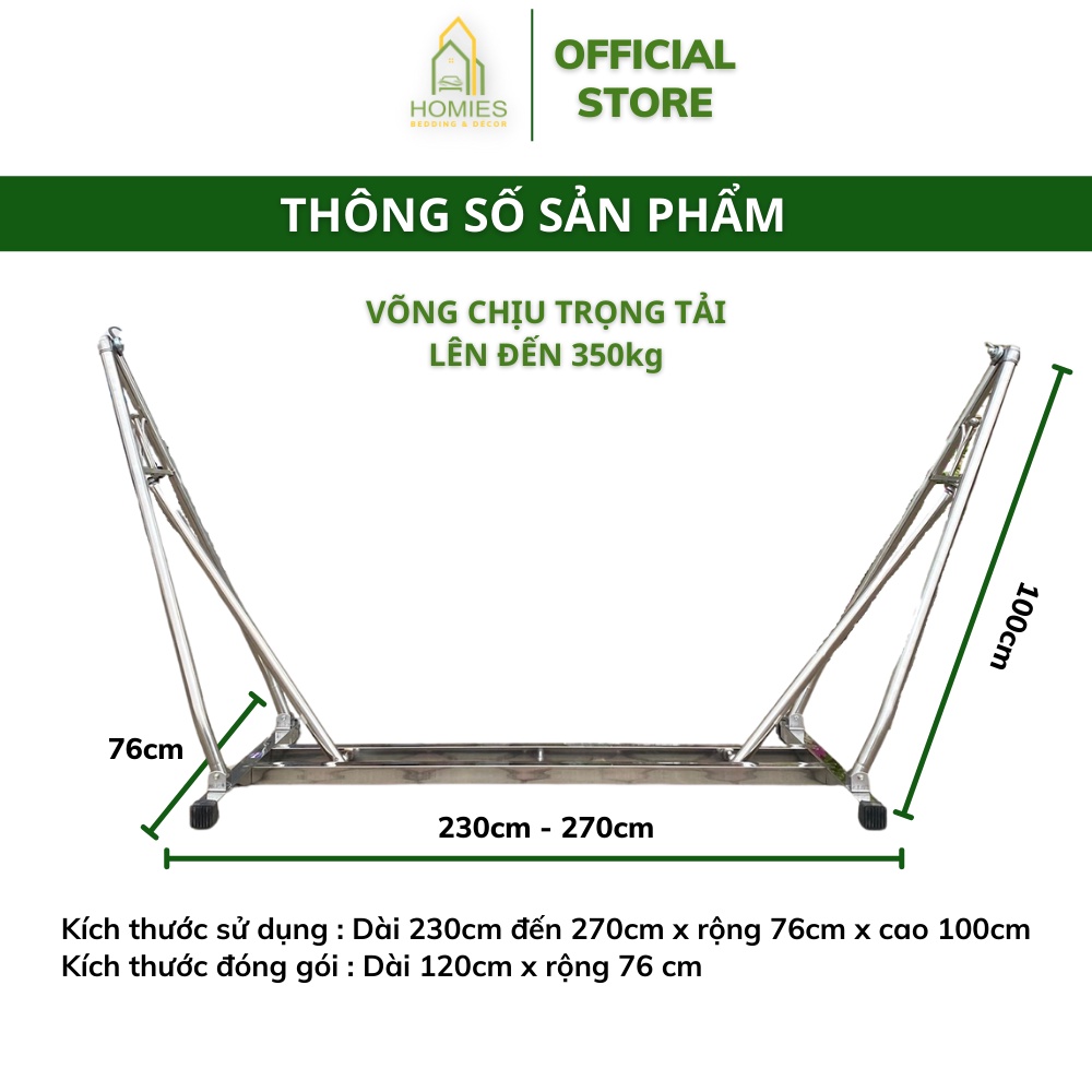 Võng Xếp Thuyền Khung Vuông HOMIE Inox 304  Phi 40 Không Rỉ Sáng Bóng - ( Chịu trọng lực 250kg + Kèm ảnh và video thật )