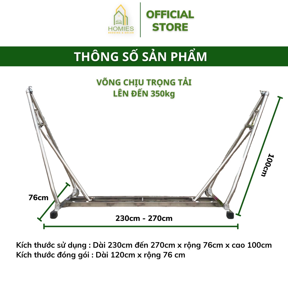 Võng Xếp Thuyền Khung Vuông HOMIE Inox 304  Phi 40 Không Rỉ Sáng Bóng - ( Chịu trọng lực 250kg + Kèm ảnh và video thật )