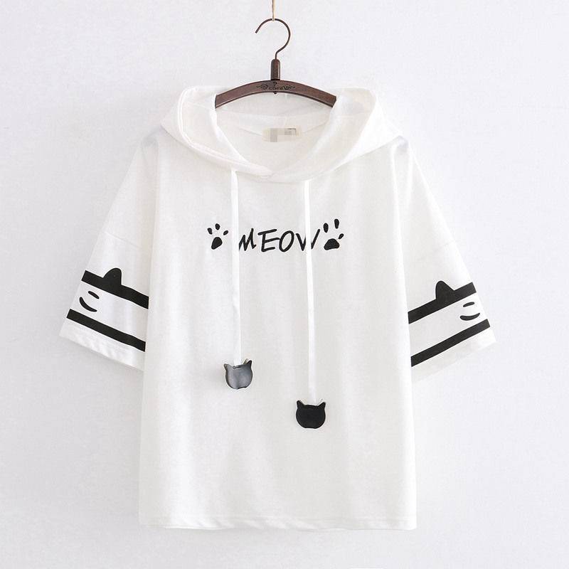 Áo Khoác Hoodie Tay Ngắn In Hình Chân Mèo Phong Cách Nhật Bản