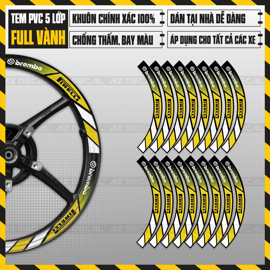 Tem Dán Kín Vành Brembo Firelli | FullV15 | Decal Dán Mâm Xe Bám Dính Tốt, Chống Nước, Bền Màu