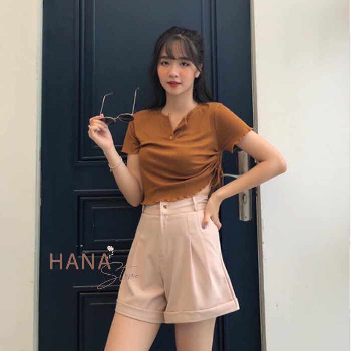 Quần short nữ gập gấu cạp lưng cao khóa thât màu Đen Trắng - Quần đùi nữ ống rộng vải Vitex mềm mặc ở nhà đi biển chơi