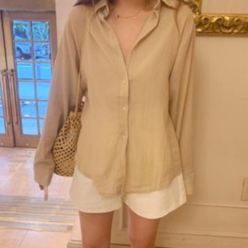 Áo sơ mi nữ RENJIANVSHENG tay dài dáng rộng màu trơn thanh lịch thời trang