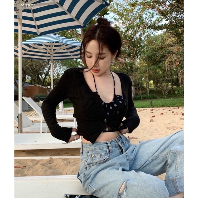 SET ÁO CROPTOP HOA CỔ YẾM KÈM ÁO KHOÁC (KÈM VIDEO HÌNH THẬT)