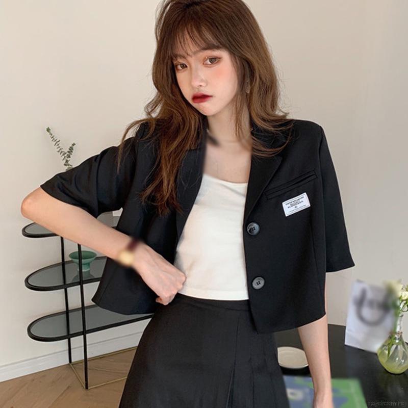 Áo Khoác Vest Tay Ngắn In Chữ Phối Hàng Nút Kiểu Hàn Quốc Xinh Xắn Cho Nữ