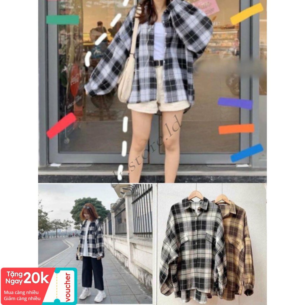 freeship Áo Sơ Mi Nữ ,Sơ Mi Kẻ Tay Bồng KOREA 2 Màu F001