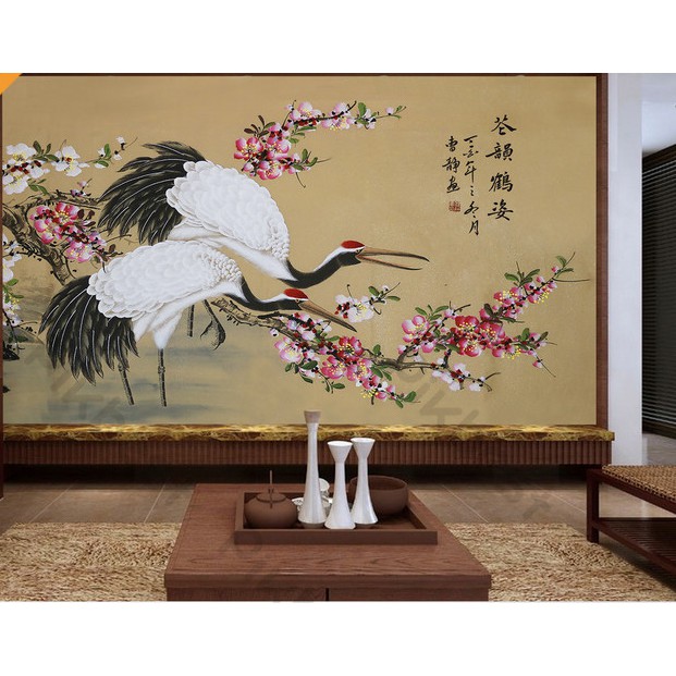 đôi chim hạc vui vẻ trên cành hoa anh đào,Tranh 3d dán tường hiện đại phòng khách, phòng ngủ (tích hợp sẵn keo) MS998336
