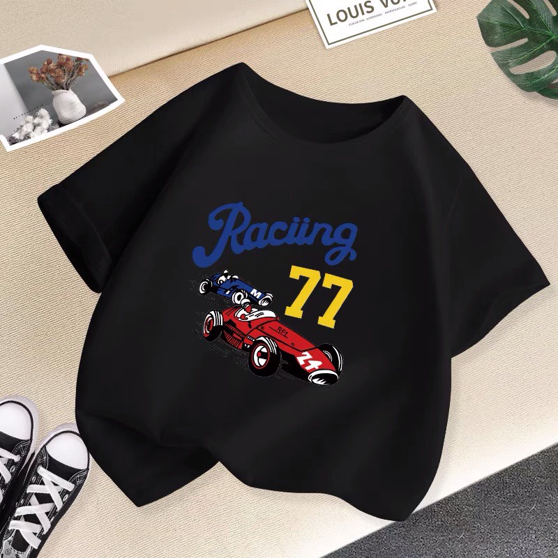 Áo thun bé trai Con Xinh cotton hình in XE ĐUA RACING 77,thời trang trẻ em từ 4 đến 10 tuổi