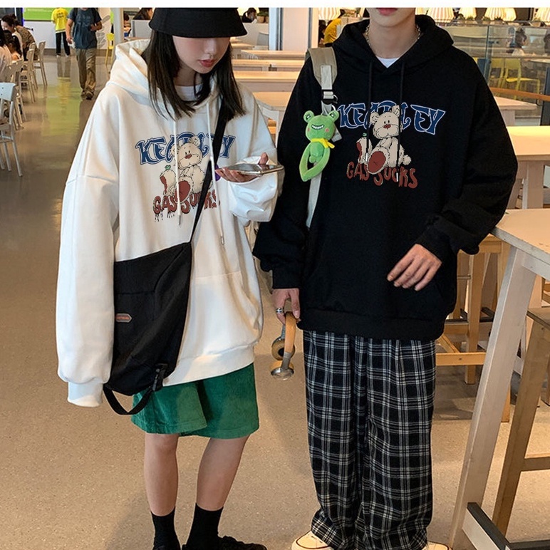 Áo sweater ZHELIHANGFEI tay dài dáng rộng họa tiết gấu in phong cách Preppy