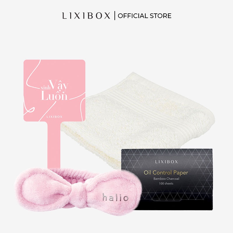 [HB Gift] Khăn mặt Cotton Màu Trắng , Băng Đô Halio pink pastel, Giấy Thấm Dầu Lixibox,Gương Cầm Tay Lixibox