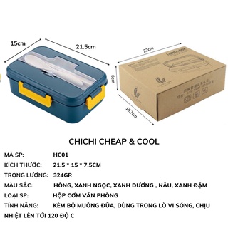 Hộp Đựng Cơm lúa mạch 3 ngăn giữ nhiệt kèm muỗng đũa văn phòng cao cấp ChiChi HC01