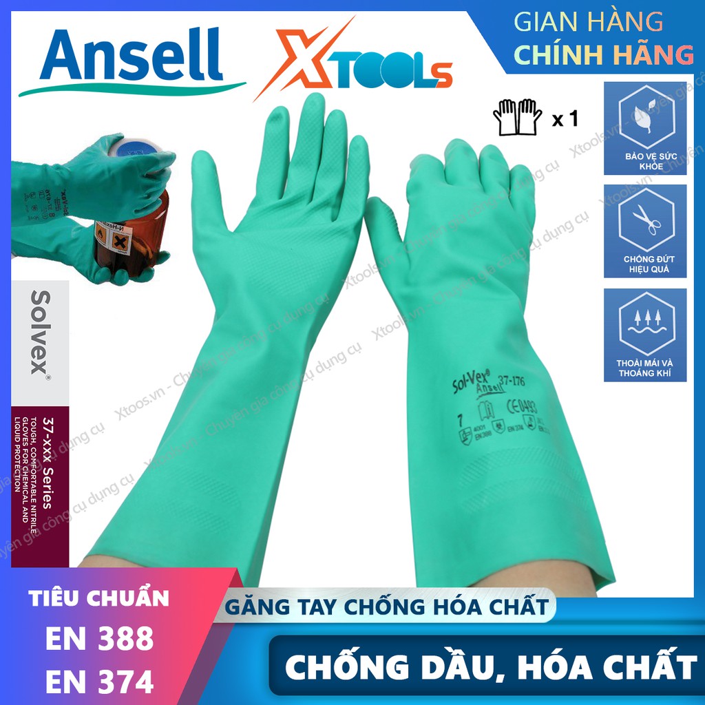 Găng tay chống hóa chất Ansell 37-176 cấu tạo nitrile - chống hóa chất - axit - dầu nhớt - thấm hút mồ hôi tốt - XTOOLs