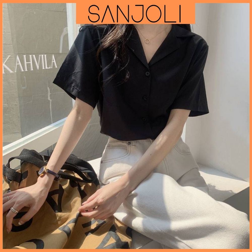 Áo Sơ Mi SANJOLI Áo Croptop Kiểu Nữ Form Rộng Cổ Sơmi Tay Ngắn Phong Cách Ulzzang Đẹp Màu Đen Trắng AO003