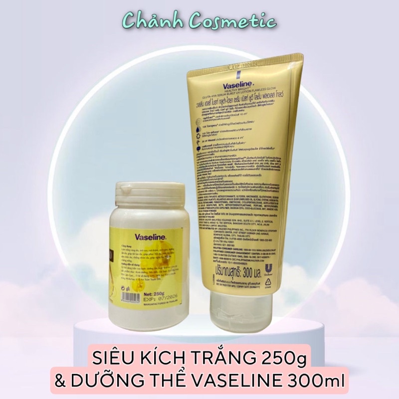 Combo Kích Trắng Nhanh Vaseline 250g & Sữa Dưỡng Thể Vaseline 10X Trắng Da, Mờ Thâm Đều Màu Da Vaseline 300ml