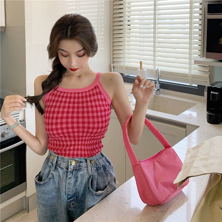 Áo hai dây dệt kim dáng ôm kiểu sọc caro thời trang năng động dành cho nữ