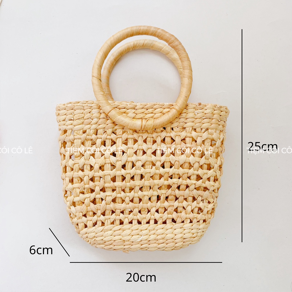 Túi cói mini cầm tay size 20cm đan hoa thị đẹp mắt - Tiệm Cói Cô Lê