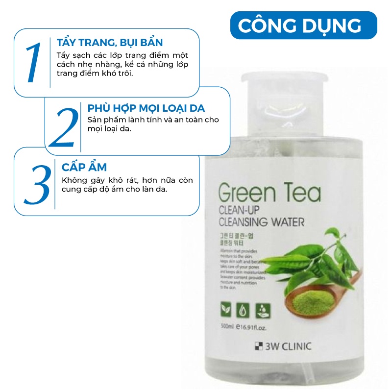 Nước tẩy trang - Tẩy trang làm sạch tinh chất trà xanh 3W Clinic Hàn Quốc 500ml