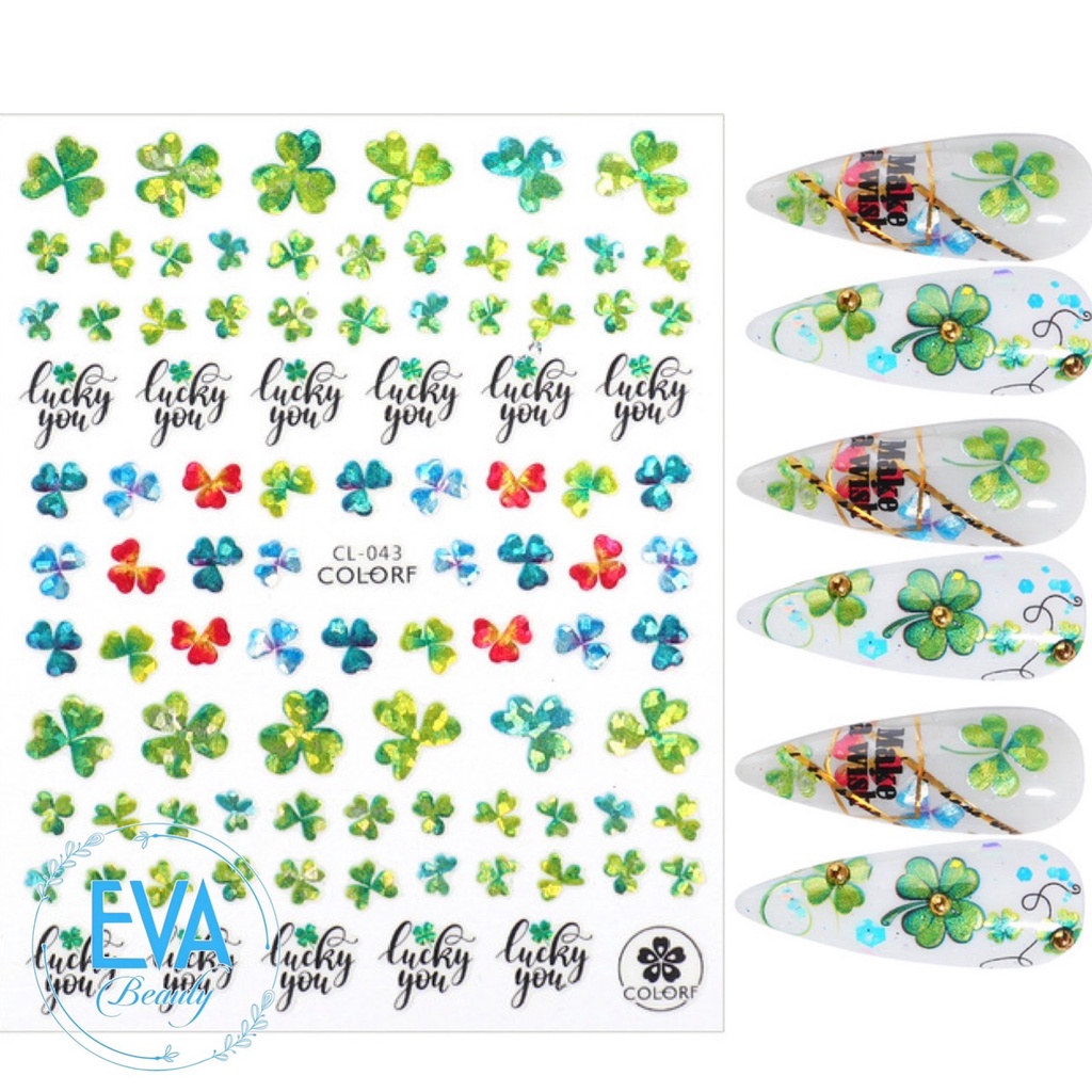 Sticker Dán Móng Tay 3D Dạng Decal Dán Chống Nước Hoạ Tiết Cỏ 3 Lá 3 leaf clover Lucky you Ánh Nhũ  