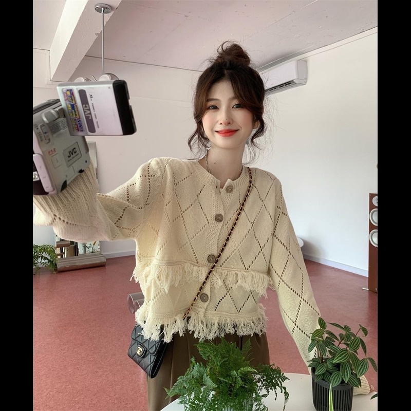 Áo Khoác Cardigan Dệt Kim Mỏng Phối Tua Rua Giả Nhiều Lớp Thời Trang Mùa Thu Cho Nữ