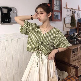 Áo croptop kẻ caro xanh tay bồng có dây rút
