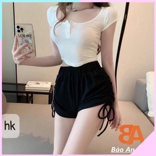 Sét bộ nữ áo croptop gân tay ngắn kèm quần rút dây đùi lưng thun