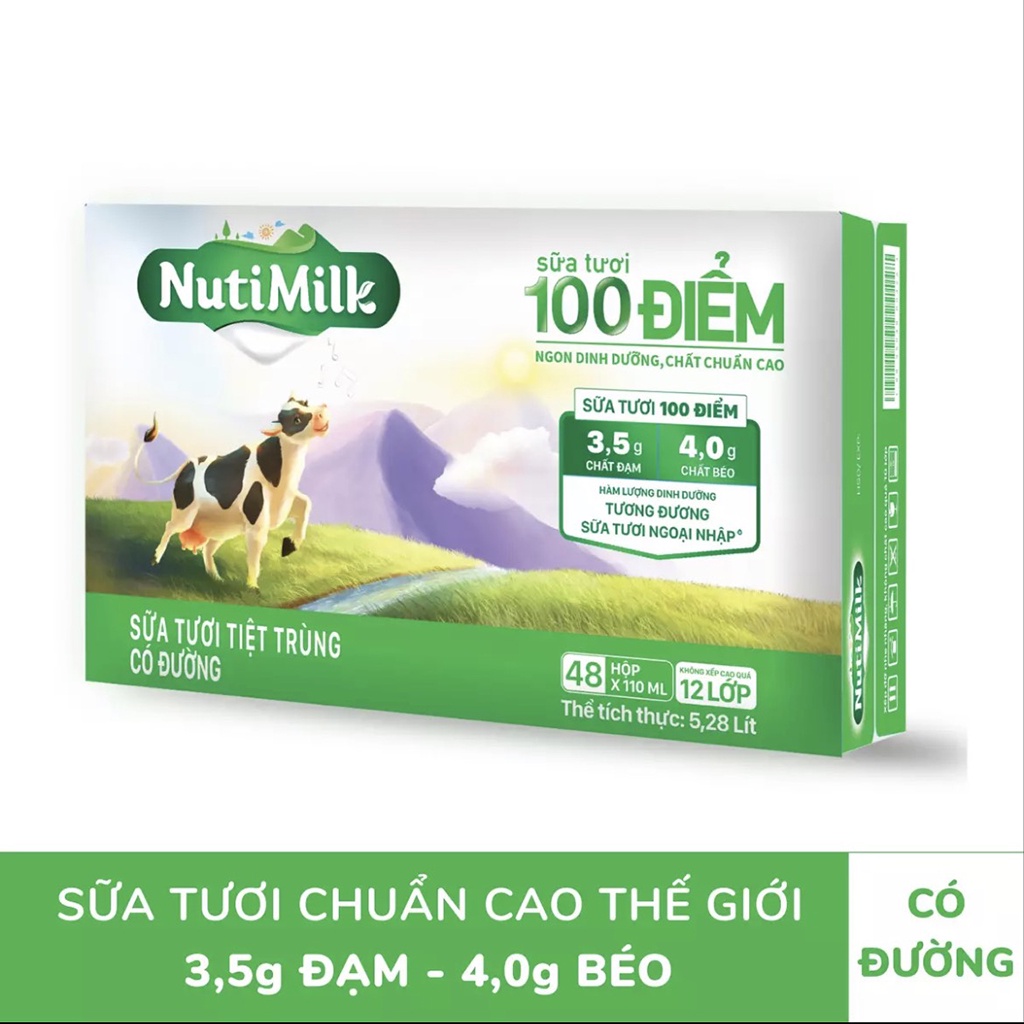 Thùng 12 Lốc Sữa Tươi Tiệt Trùng 100 Điểm Đường Đen/Không đường/ ít đường/ Có đường/ Nutimilk 110ml