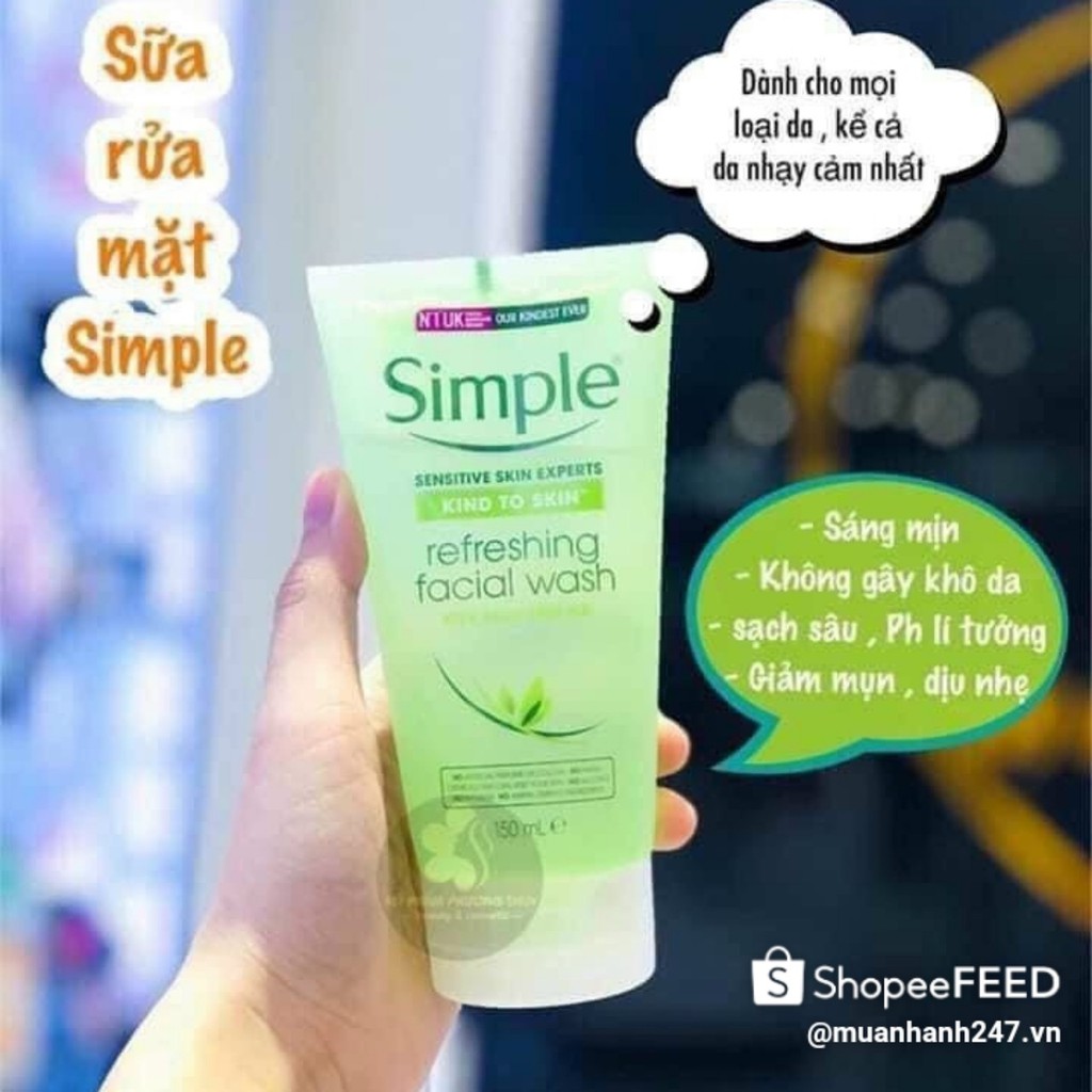 Sữa rửa mặt, Sữa rửa mặt dưỡng ẩm Simple Kind To Skin Refreshing Facial Wash Gel cho da nhạy cảm