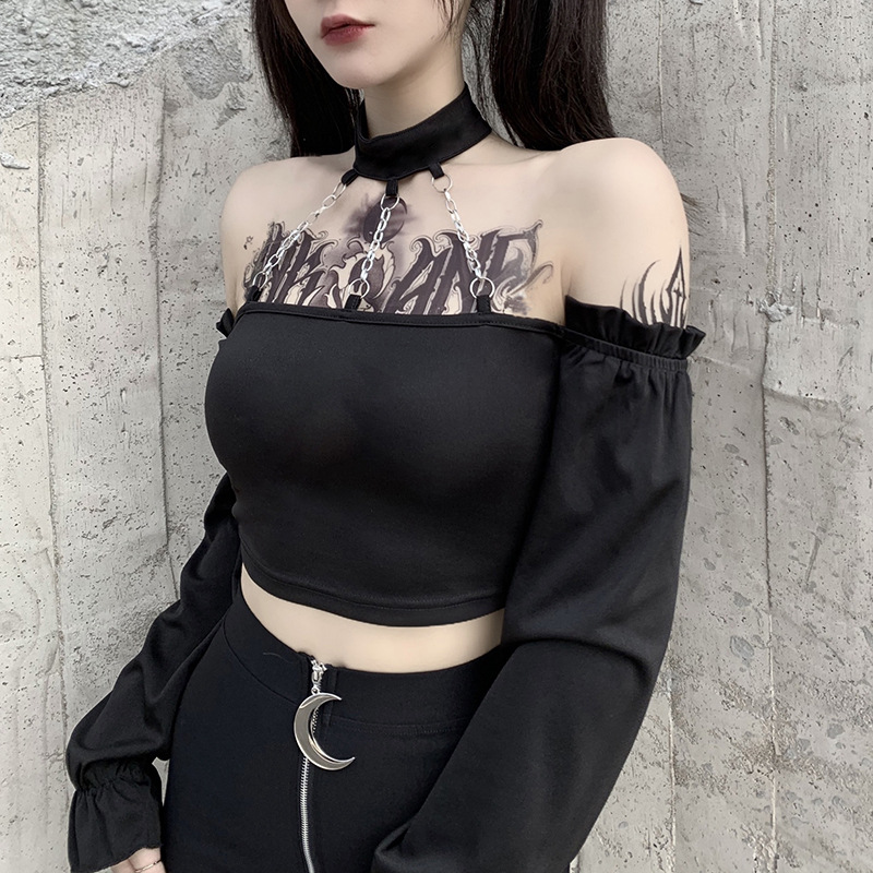 Áo Croptop Tay Dài Trễ Vai Phối Choker Thiết Kế Hợp Thời Trang