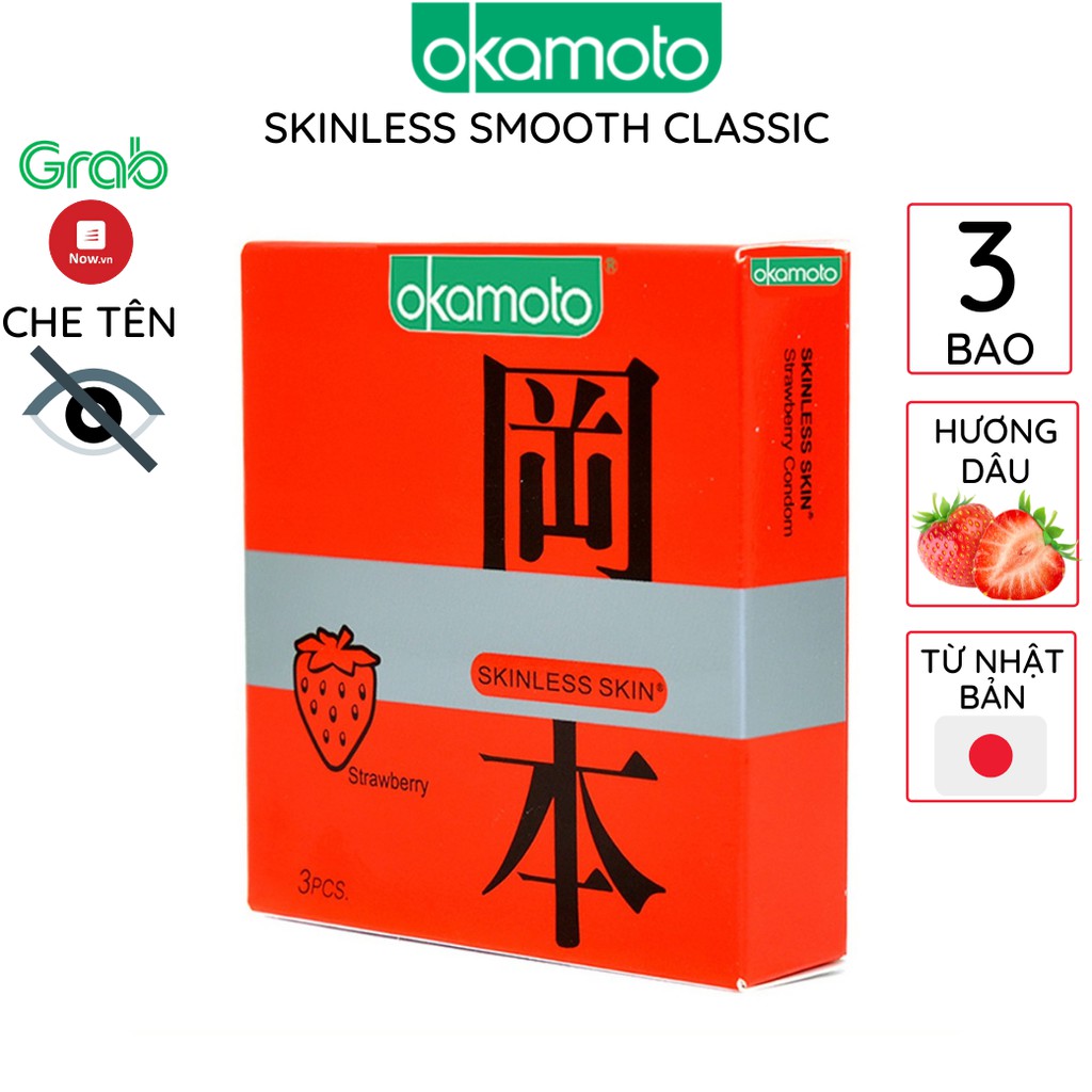 Bao cao su OKAMOTO Hương dâu Skinless skin 3 bao/hộp Strawberry trơn siêu mỏng chống tuột cao su tự nhiên Nhật Bản