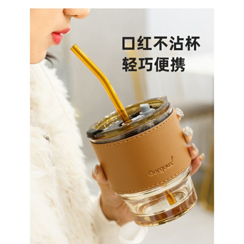 Ly Thủy tinh bọc da kèm ống hút