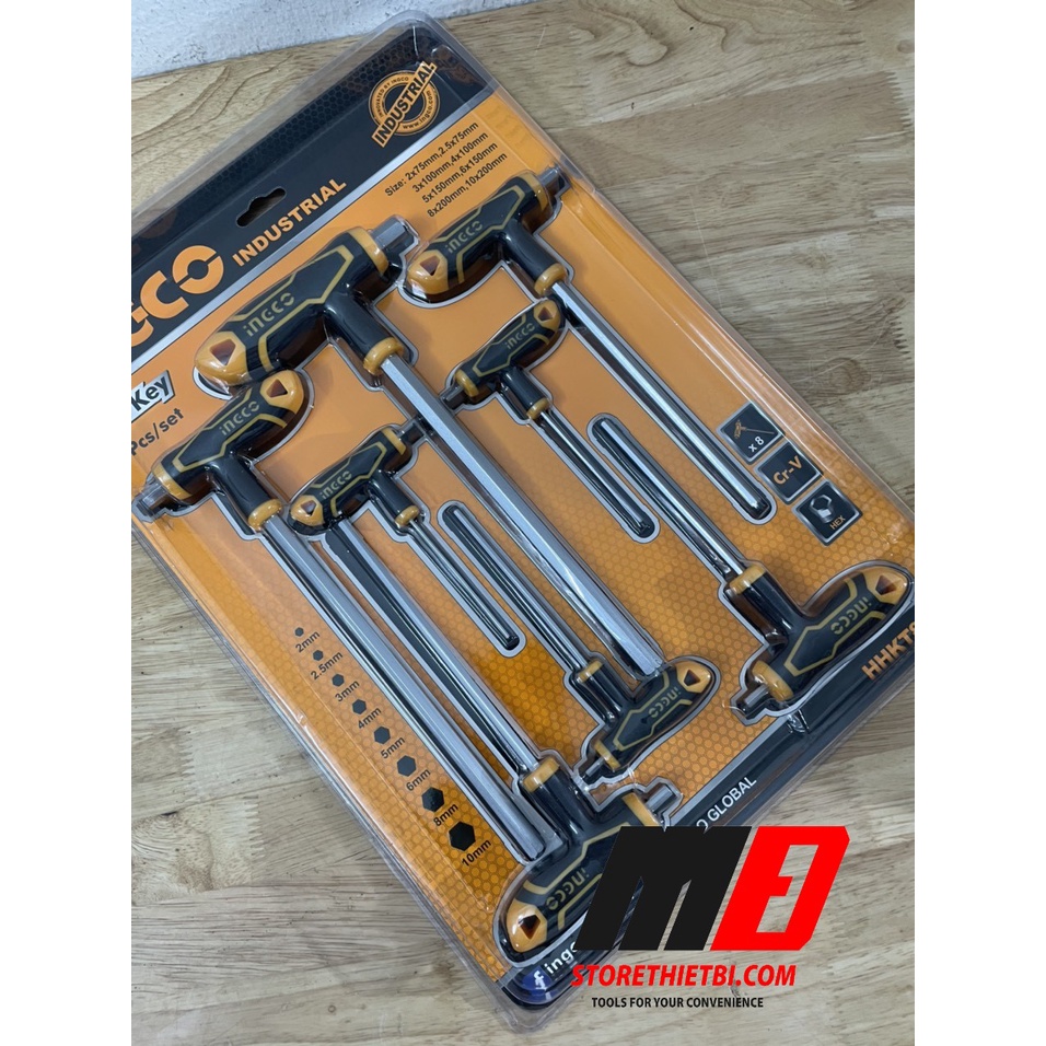 Bộ 8 chìa lục giác tay cầm chữ T đầu bằng2-10mm INGCO HHKT8081