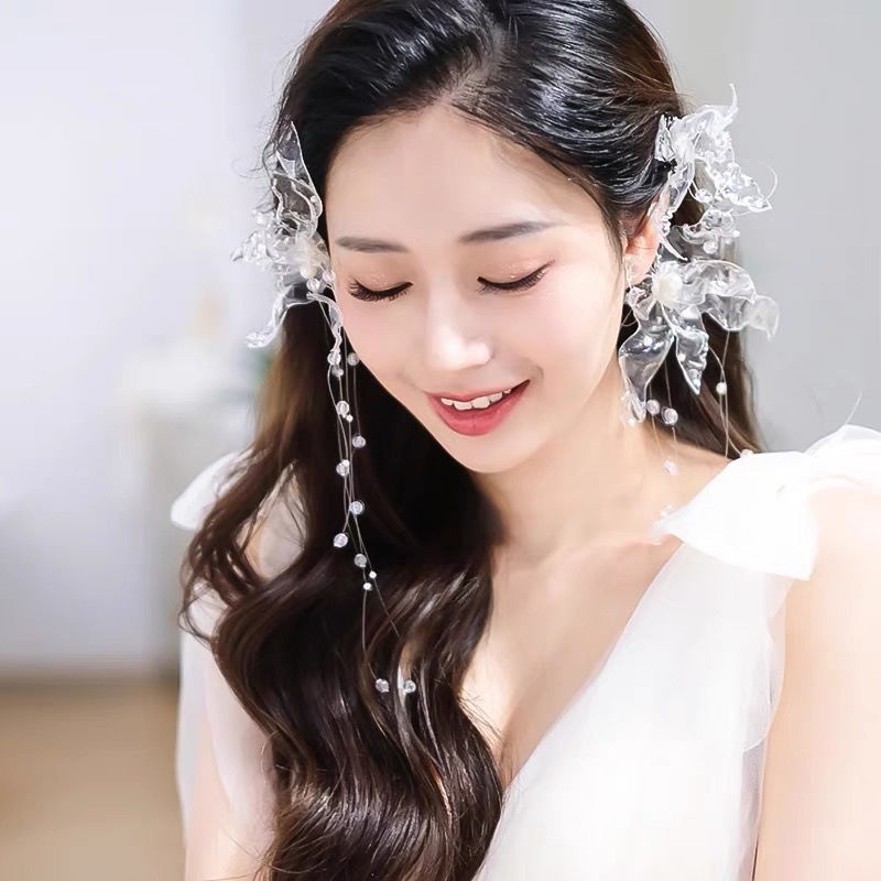 Cặp kẹp tóc tai đính đá pha lê trong suốt phong cách Nhật Hàn dành cho cô dâu