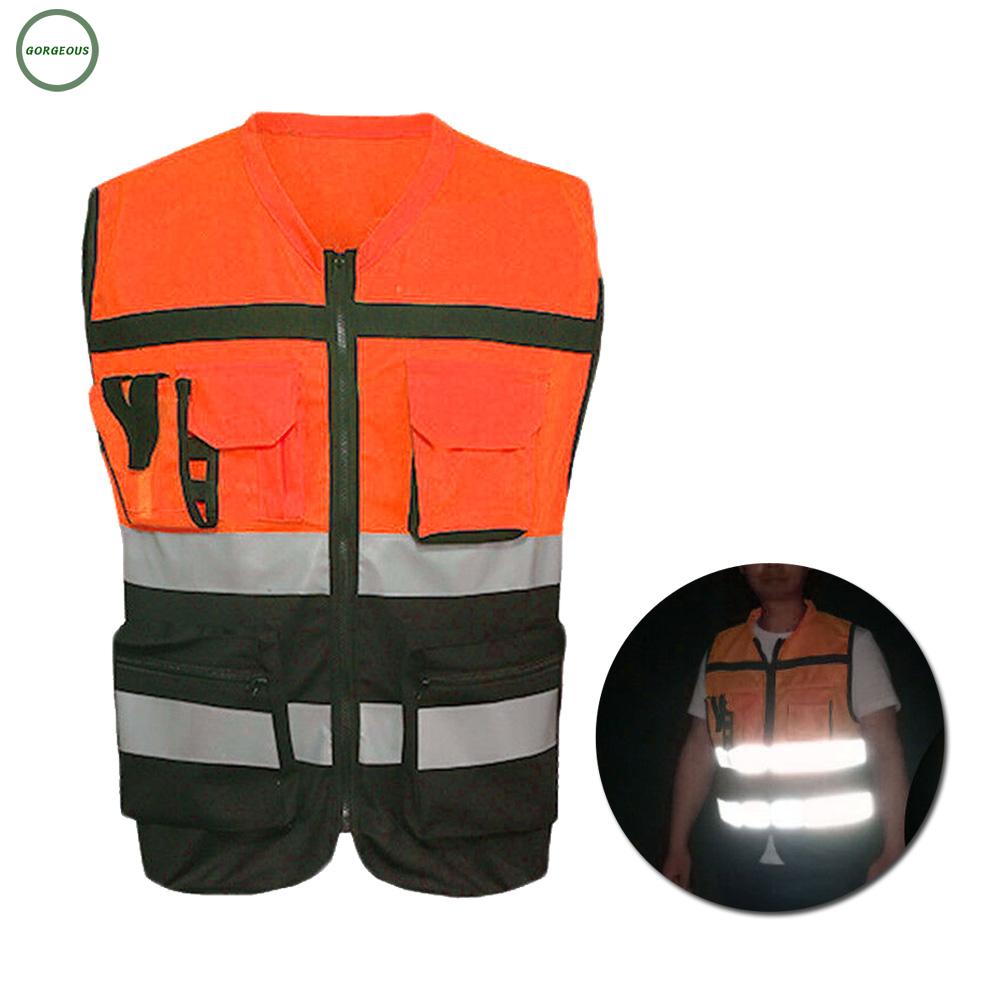 Men Hi-Vis Safety Vest Reflective Tape Jacket Multi Pocket Security Waistcoat