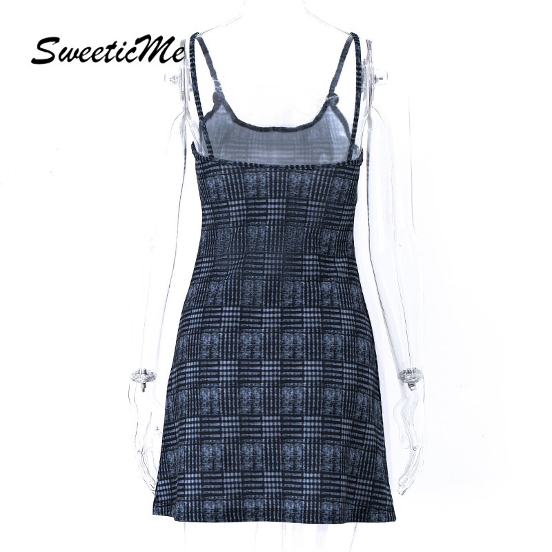 Đầm Hai Dây Hở Lưng Dáng Ôm In Họa Tiết Caro Thời Trang   Cho Bạn Gái