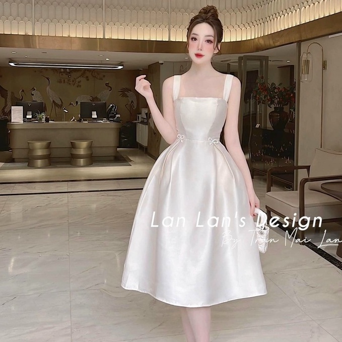 Đầm dự tiệc hai dây dáng xòe sang chảnh cho nữ đính nơ eo cực dễ thương đầm váy nữ