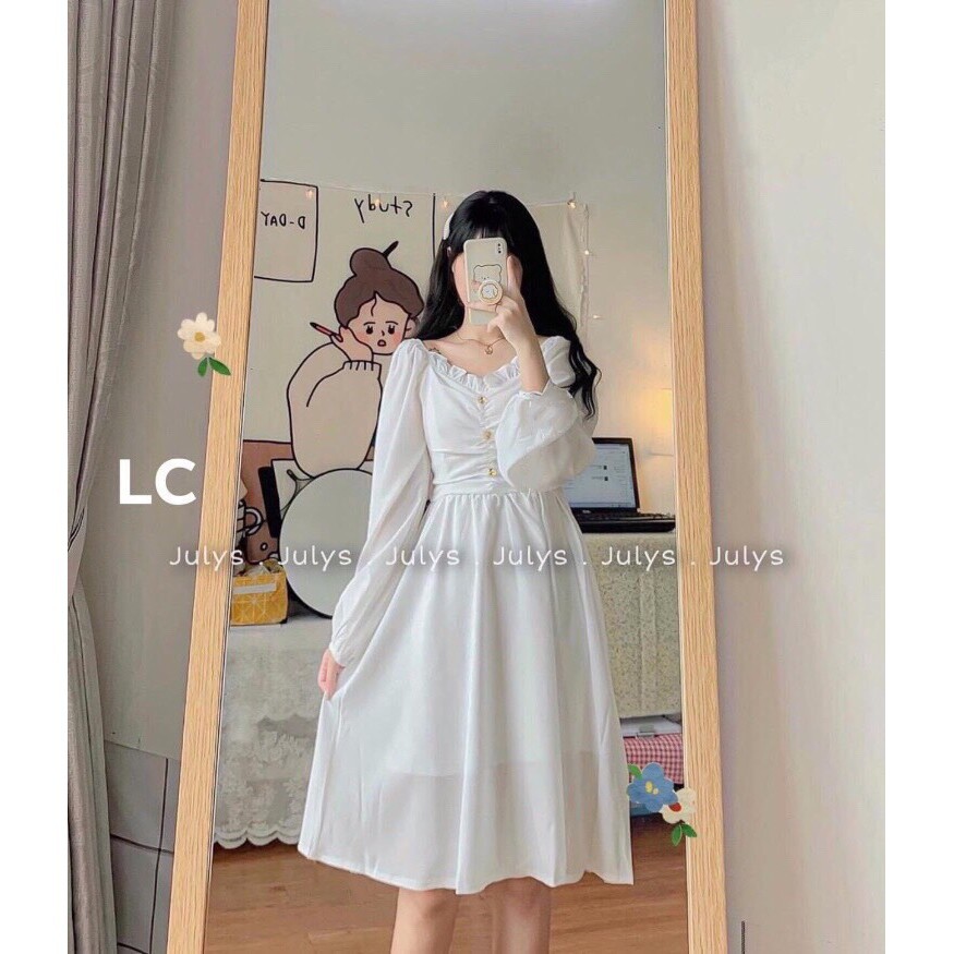 váy babydoll dáng dài trắng tay bồng 3 khuy ngực, đầm nữ dự tiệc dáng xòe | BigBuy360 - bigbuy360.vn