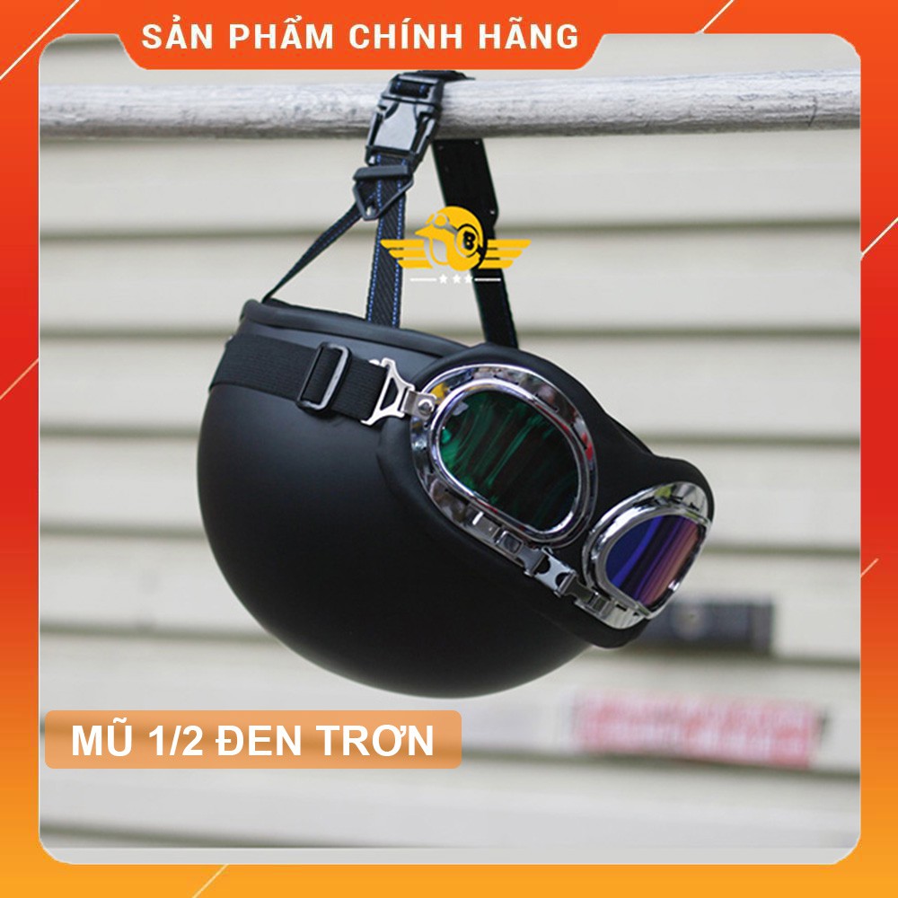 Nón bảo hiểm nửa đầu đen trơn kèm kính uv và phi công nhẹ nhàng dạo phố