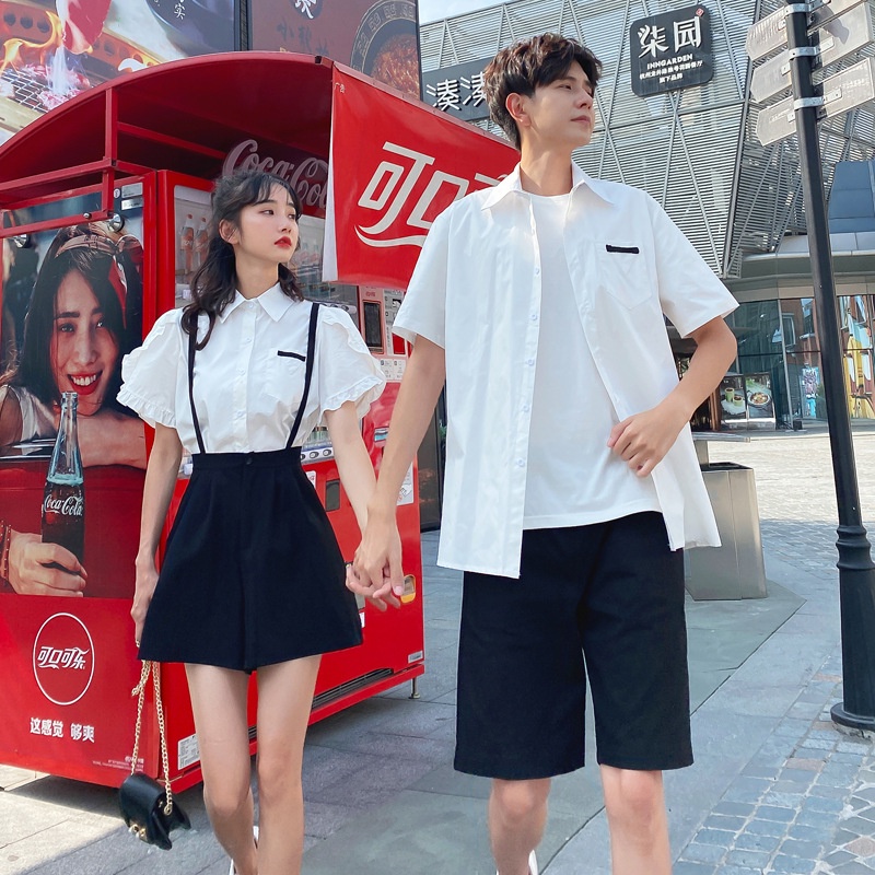 ✨Bộ Áo Sơ Mi Tay Ngắn + Váy Yếm Một Mảnh Phong Cách Preppy Thời Trang Mùa Hè Cho Cặp Đôi
